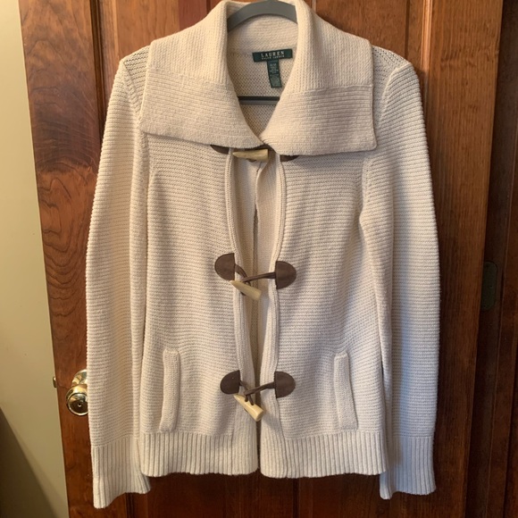 Ralph Lauren cardigan sweater, Ecru or Cream. Size medium. 2 pockets on front. - Picture 1 of 6